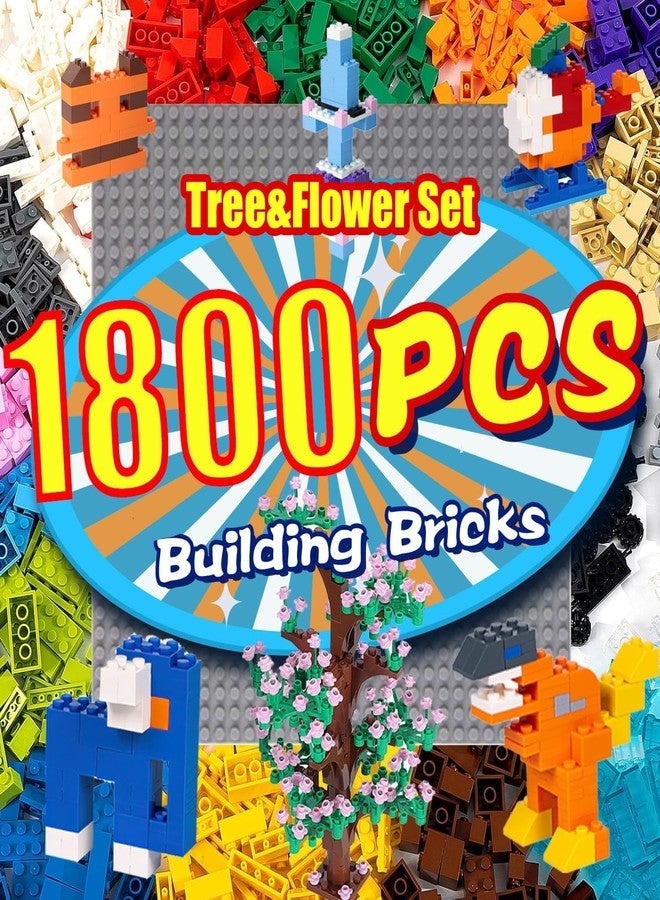 cumeysnon 1800 Pieces Building Bricks Set,Building Bulks Blocks with 1 Packs 24x24 Studs Sticky Plates,205 Pcs Flowers and Tree Set, 14 Colors 18 Random Bulk Shapes, Creative Toy Gift for Boys Girls - Image 1